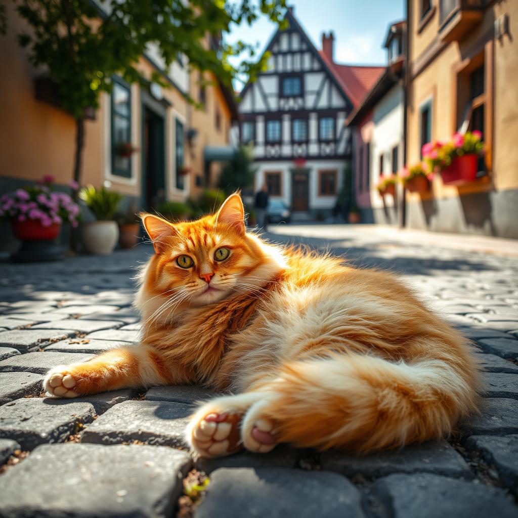 A charming scene featuring a fat ginger cat lounging casually on a cobblestone street in Poland