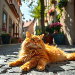 A charming scene featuring a fat ginger cat lounging casually on a cobblestone street in Poland