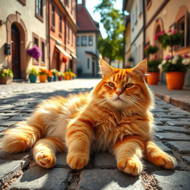 A charming scene featuring a fat ginger cat lounging casually on a cobblestone street in Poland