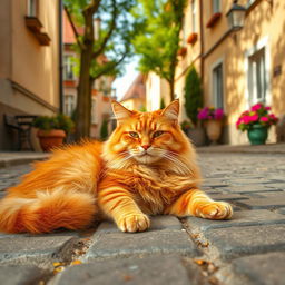 A charming scene featuring a fat ginger cat lounging casually on a cobblestone street in Poland