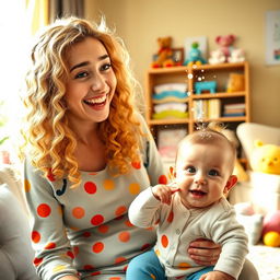 A humorous and light-hearted scene featuring a young woman with long, curly blonde hair, styled in a playful and colorful outfit, attempting to smile while being playfully spit up on by a cheerful baby with big brown eyes