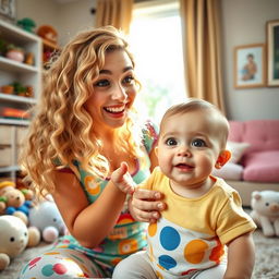 A humorous and light-hearted scene featuring a young woman with long, curly blonde hair, styled in a playful and colorful outfit, attempting to smile while being playfully spit up on by a cheerful baby with big brown eyes