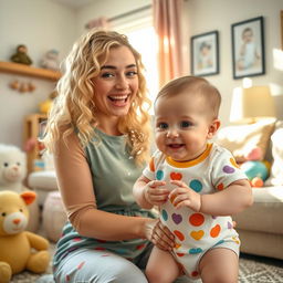 A humorous and light-hearted scene featuring a young woman with long, curly blonde hair, styled in a playful and colorful outfit, attempting to smile while being playfully spit up on by a cheerful baby with big brown eyes