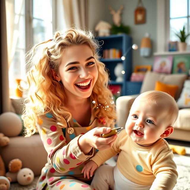 A humorous and light-hearted scene featuring a young woman with long, curly blonde hair, styled in a playful and colorful outfit, attempting to smile while being playfully spit up on by a cheerful baby with big brown eyes