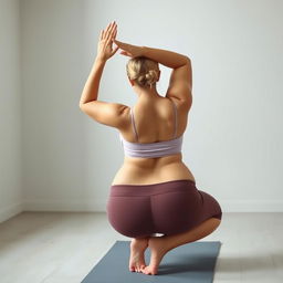 A realistic photo of a 30s blonde Slavic woman performing yoga in a plain room