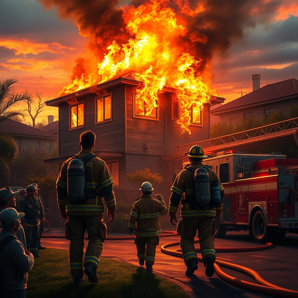 A dramatic scene depicting Lionel Messi's house on fire, with flames and smoke billowing from the windows