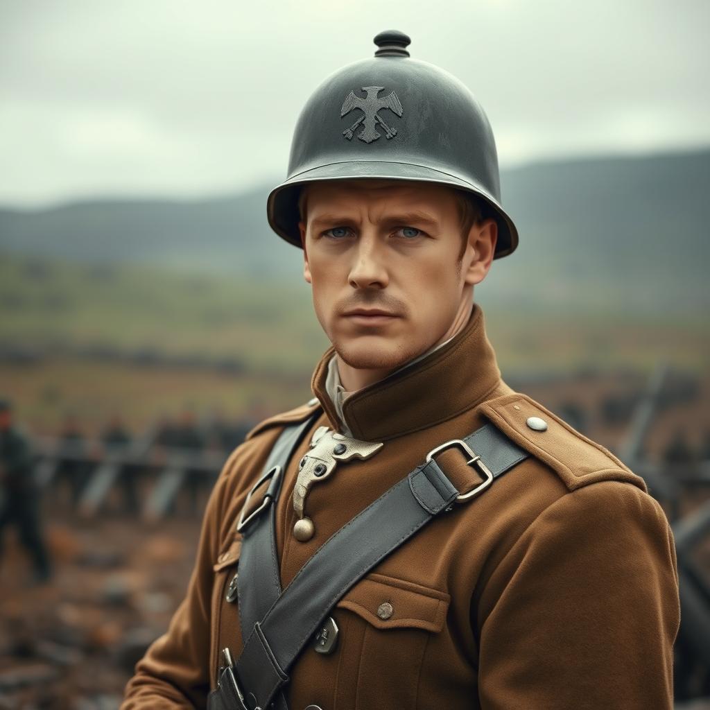 A tall white man wearing a traditional German army helmet, standing confidently