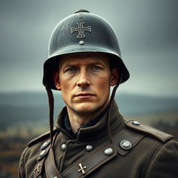 A tall white man wearing a traditional German army helmet, standing confidently