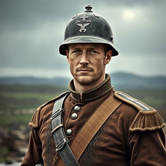 A tall white man wearing a traditional German army helmet, standing confidently