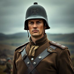 A tall white man wearing a traditional German army helmet, standing confidently