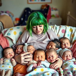 A weary yet affectionate Billie Eilish, showing expressions of exhaustion and love as a new mom