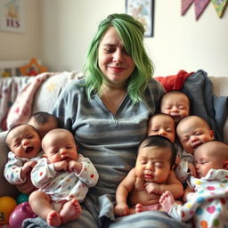 A weary yet affectionate Billie Eilish, showing expressions of exhaustion and love as a new mom