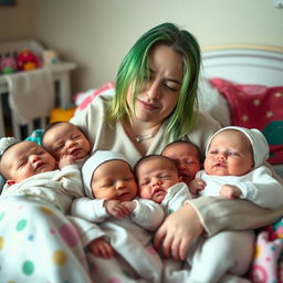 A weary yet affectionate Billie Eilish, showing expressions of exhaustion and love as a new mom