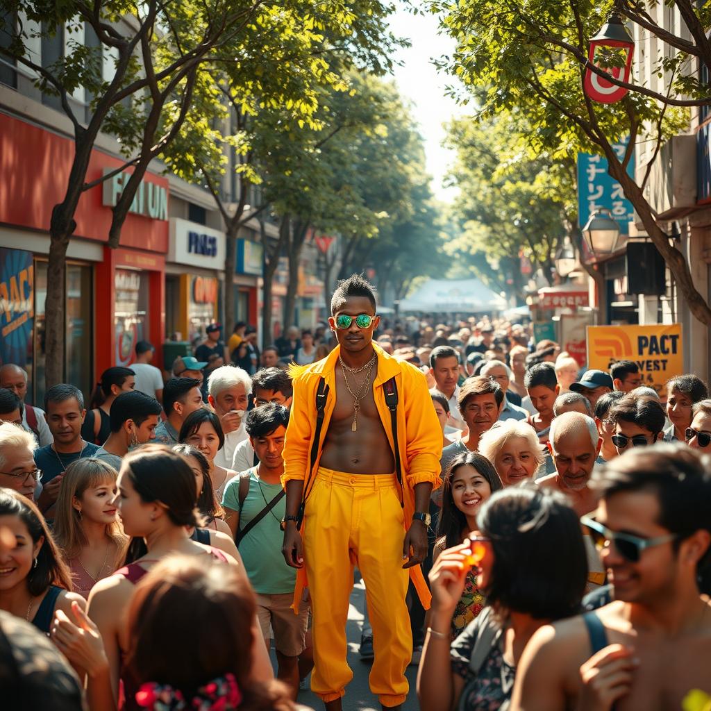 A stunning and vibrant scene depicting a lively urban setting filled with a diverse crowd of people