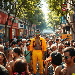 A stunning and vibrant scene depicting a lively urban setting filled with a diverse crowd of people