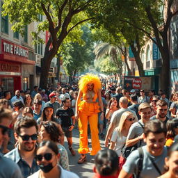 A stunning and vibrant scene depicting a lively urban setting filled with a diverse crowd of people