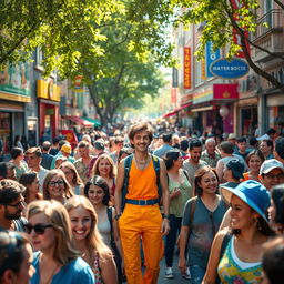A stunning and vibrant scene depicting a lively urban setting filled with a diverse crowd of people