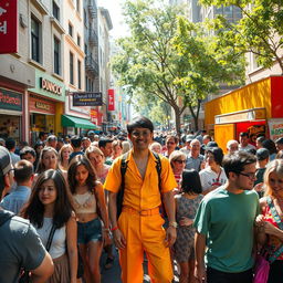 A stunning and vibrant scene depicting a lively urban setting filled with a diverse crowd of people