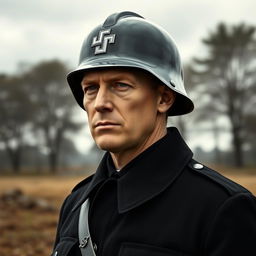 A tall white man wearing a German WWII Waffen-SS helmet, standing confidently with a stern expression