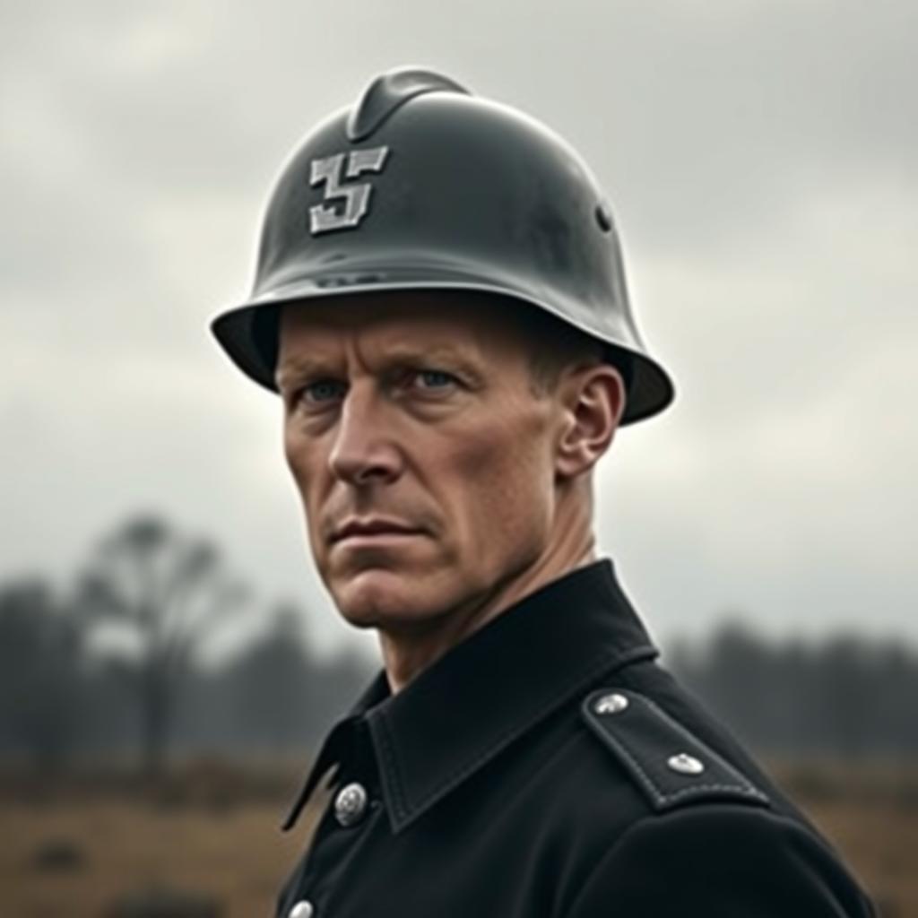 A tall white man wearing a German WWII Waffen-SS helmet, standing confidently with a stern expression