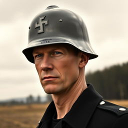 A tall white man wearing a German WWII Waffen-SS helmet, standing confidently with a stern expression