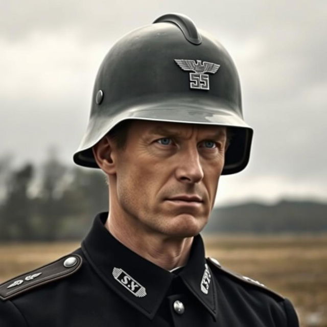 A tall white man wearing a German WWII Waffen-SS helmet, standing confidently with a stern expression