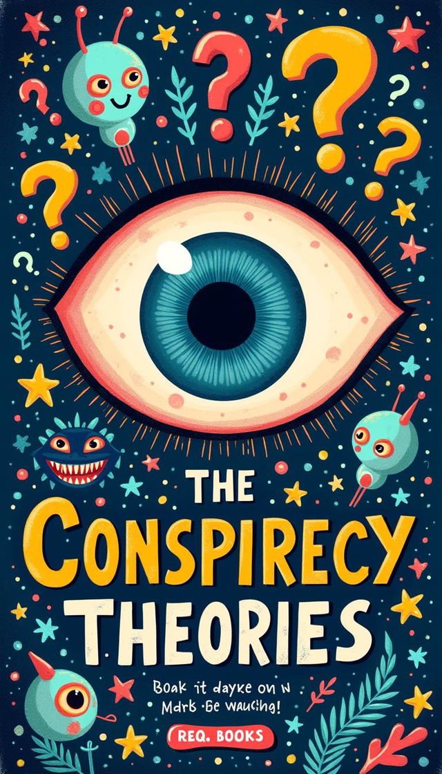 A vibrant and imaginative book cover design centered around the theme of conspiracy theories, featuring a large, stylized eye at the center