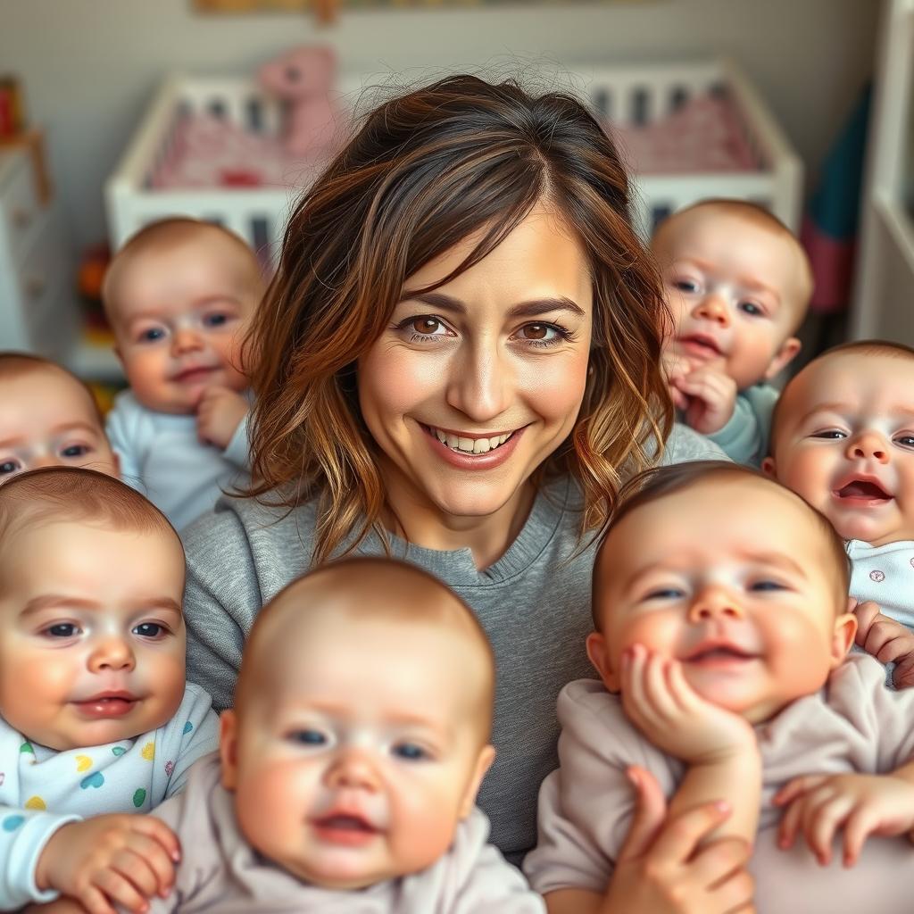 Olivia Rodrigo, portrayed as a tired new mom, surrounded by a playful chaotic scene of multiple adorable babies, each with different expressions of curiosity and joy