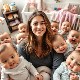 Olivia Rodrigo, portrayed as a tired new mom, surrounded by a playful chaotic scene of multiple adorable babies, each with different expressions of curiosity and joy