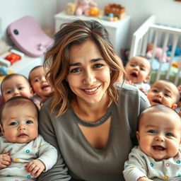 Olivia Rodrigo, portrayed as a tired new mom, surrounded by a playful chaotic scene of multiple adorable babies, each with different expressions of curiosity and joy