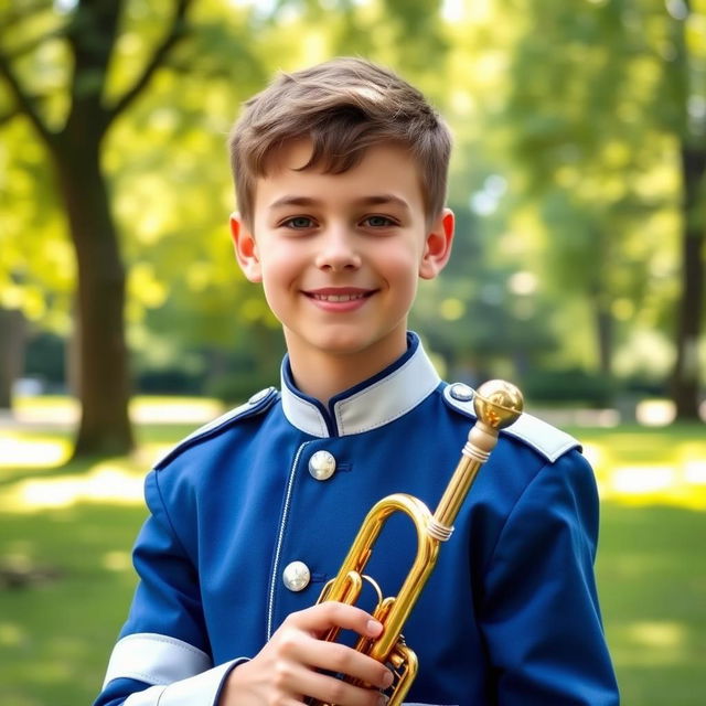 A realistic photo of a cute teenage boy, approximately 16 years old, wearing a blue and white band uniform