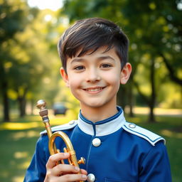 A realistic photo of a cute teenage boy, approximately 16 years old, wearing a blue and white band uniform