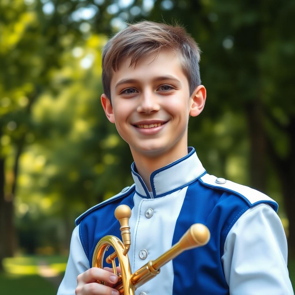 A realistic photo of a cute teenage boy, approximately 16 years old, wearing a blue and white band uniform