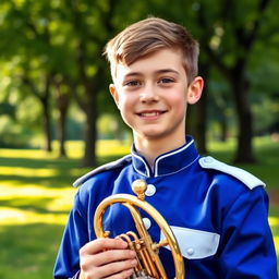 A realistic photo of a cute teenage boy, approximately 16 years old, wearing a blue and white band uniform