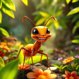 A cheerful and playful ant named Ligaya with an expressive, mischievous grin, situated in a vibrant and colorful forest setting