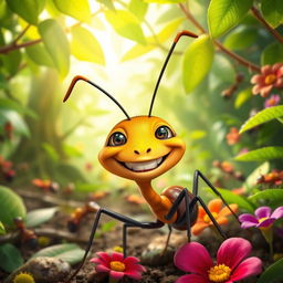 A cheerful and playful ant named Ligaya with an expressive, mischievous grin, situated in a vibrant and colorful forest setting