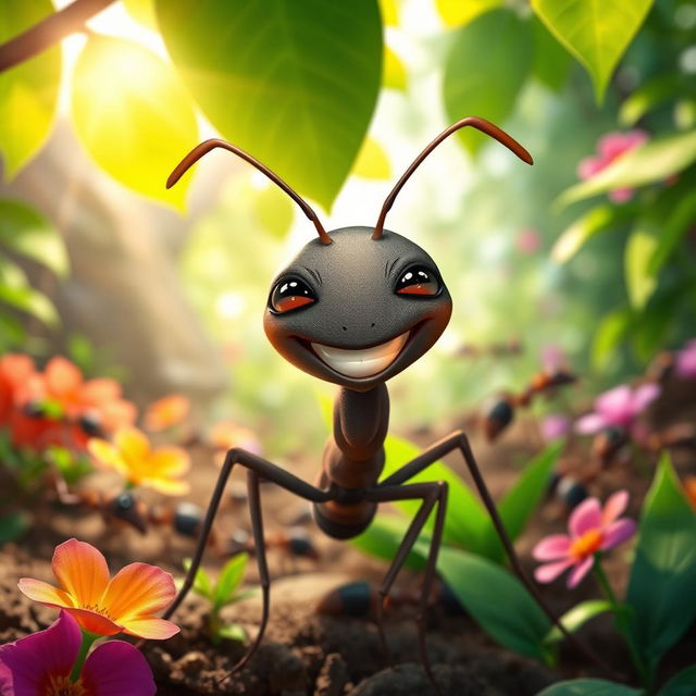 A cheerful and playful ant named Ligaya with an expressive, mischievous grin, situated in a vibrant and colorful forest setting