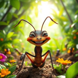 A cheerful and playful ant named Ligaya with an expressive, mischievous grin, situated in a vibrant and colorful forest setting