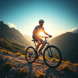 A tall white man riding a mountain bike along a rugged trail surrounded by a breathtaking mountainous landscape