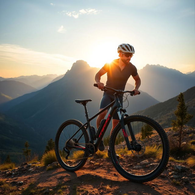 A tall white man riding a mountain bike along a rugged trail surrounded by a breathtaking mountainous landscape