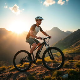 A tall white man riding a mountain bike along a rugged trail surrounded by a breathtaking mountainous landscape