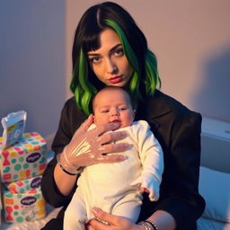 Billie Eilish with her signature green and black hair, dressed in a stylish outfit, wearing clear vinyl gloves while holding a cute baby