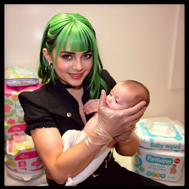 Billie Eilish with her signature green and black hair, dressed in a stylish outfit, wearing clear vinyl gloves while holding a cute baby