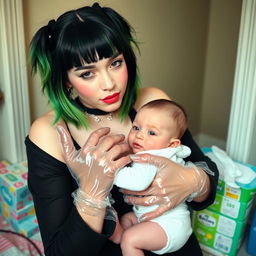 Billie Eilish with her signature green and black hair, dressed in a stylish outfit, wearing clear vinyl gloves while holding a cute baby
