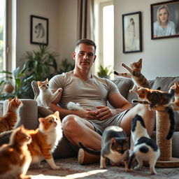 A tall, muscular white man sitting comfortably in a cozy living room, surrounded by several playful cats of various breeds