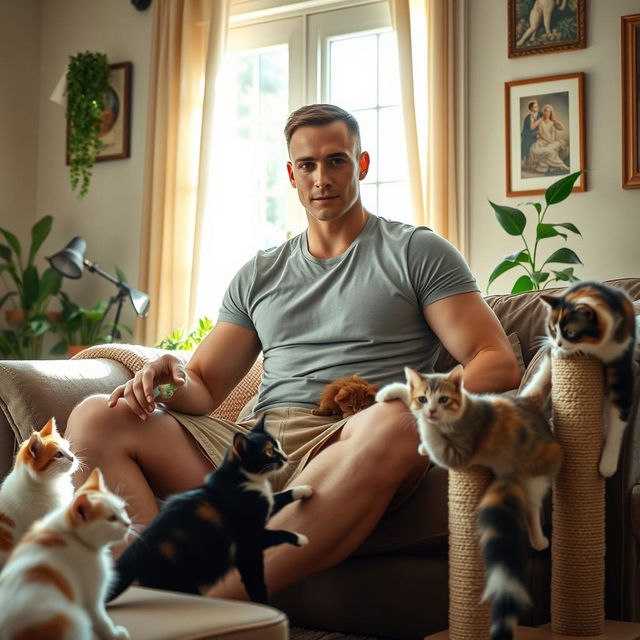 A tall, muscular white man sitting comfortably in a cozy living room, surrounded by several playful cats of various breeds