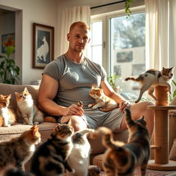 A tall, muscular white man sitting comfortably in a cozy living room, surrounded by several playful cats of various breeds