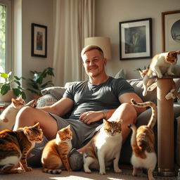 A tall, muscular white man sitting comfortably in a cozy living room, surrounded by several playful cats of various breeds