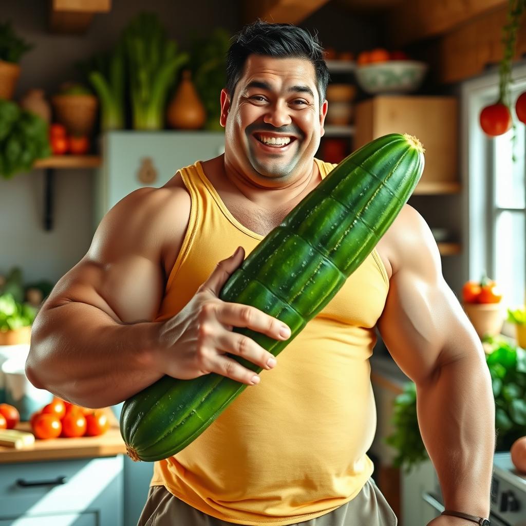 A large, muscular man confidently holding a cucumber in a humorous pose