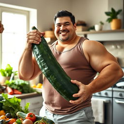 A large, muscular man confidently holding a cucumber in a humorous pose